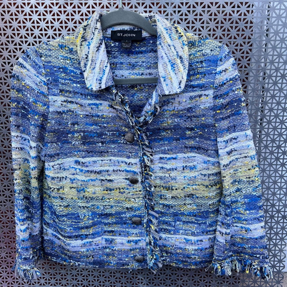 St John sparkly boucle cropped jacket size 2, shades of blue/yellow
